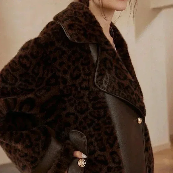 Brown Casual Women's Leopard Print Patchwork Fluffy Faux Leather Aviator Jacket - Picture 8 of 8